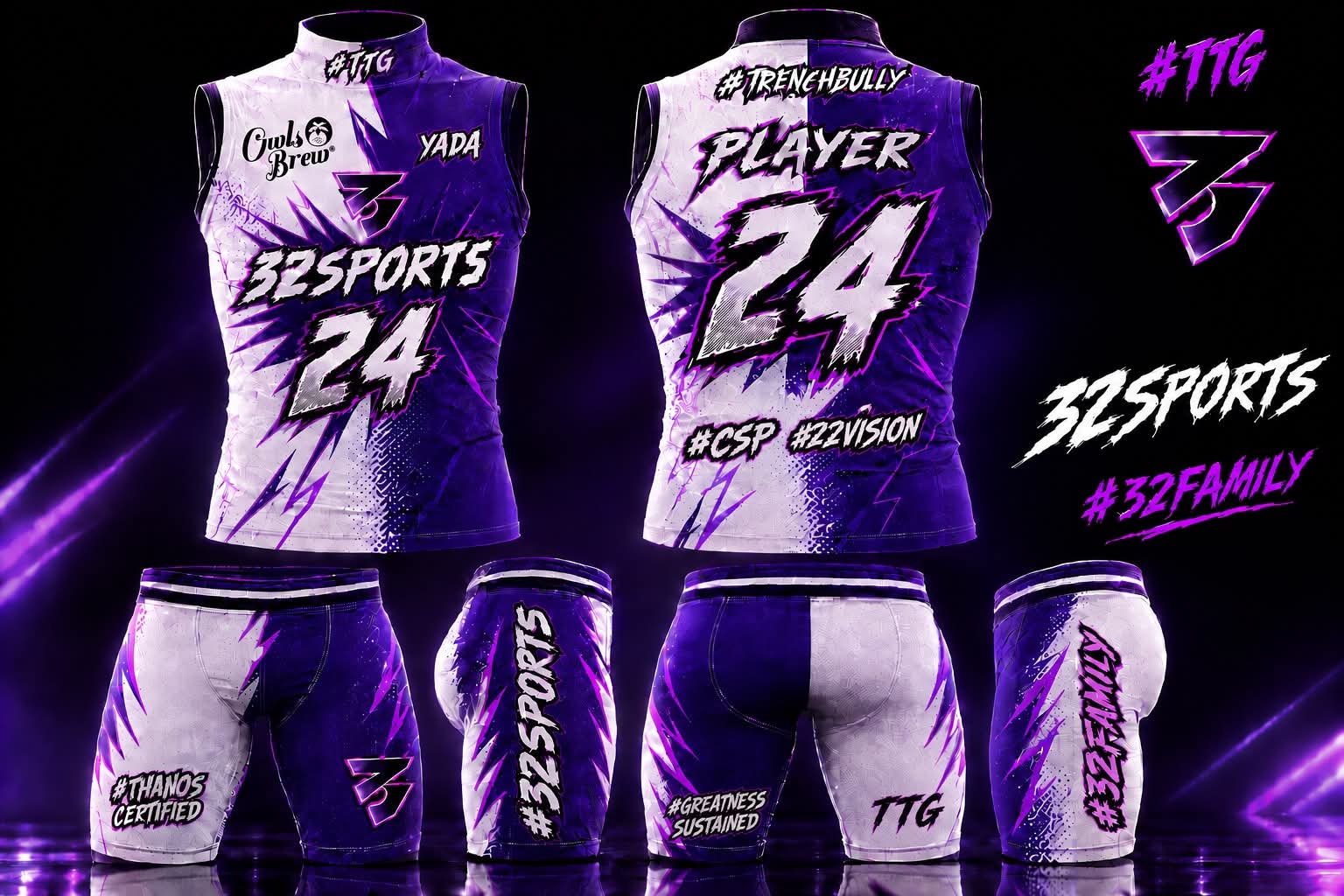 Front and back of the purple and white 32 Sports jersey, shown with matching shorts.