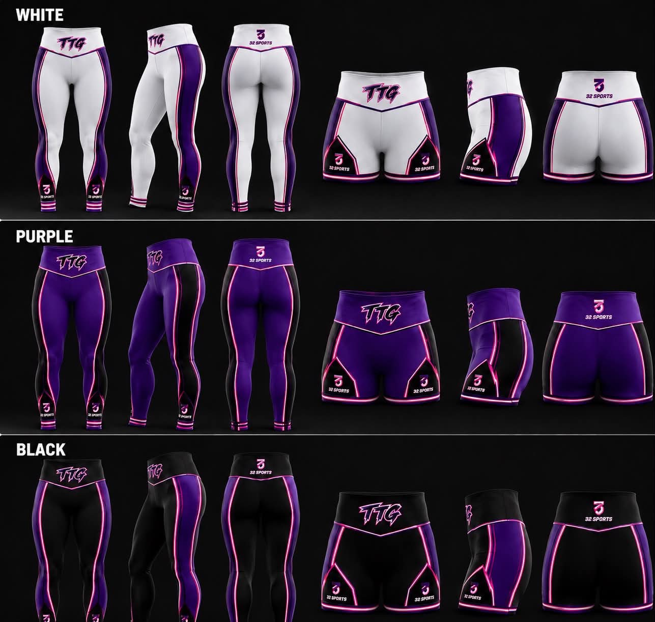 32 Sports leggings and fitted shorts designs in white, purple, and black.