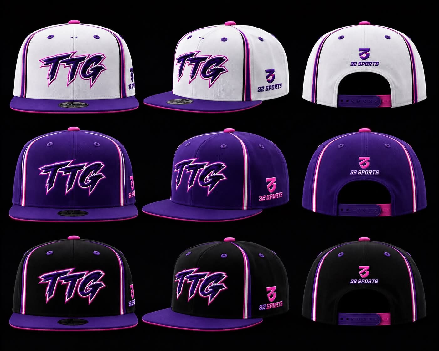 32 Sports snapback hats in white, purple, and black, shown from multiple angles.